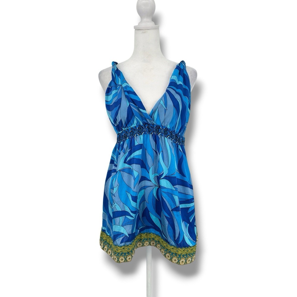 Hale Bob Silk Tunic Top M Blue Abstract Boho Resort Y2K Flowy Empire Waist